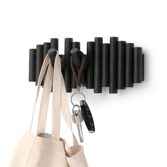 Picket Wall-mounted Coat Rack Rail Hook With 5 Retractable Wood Pegs - Modern Space-saving Storage Organizer Black