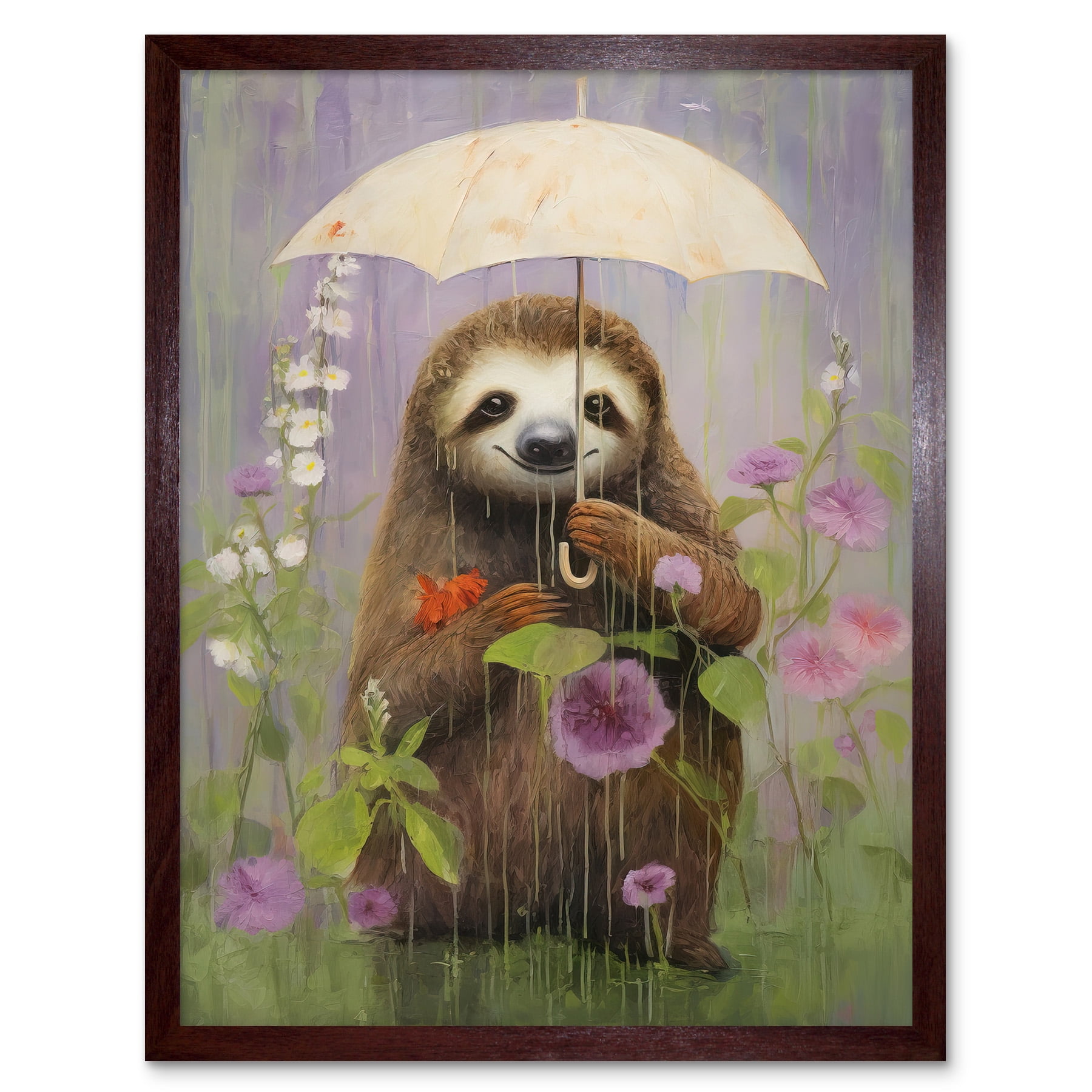 Picking Flowers in the Rain Oil Painting Cute Sloth with an Umbrella in ...