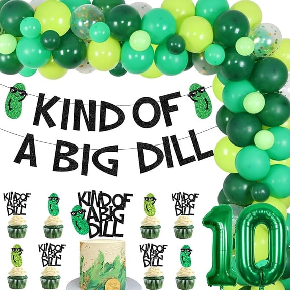 Pickle 10th Birthday Party Decorations, Kind of a Big Dill Banner Balloon Arch Kit Pickle Party Cake and Cupcake Toppers for Boys Girls Cucumber Theme 10th Birthday Party Supplies