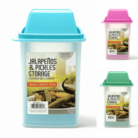 Pickle Container with Strainer, Cucumber Jalapeno Olive Keeper with Strainer for Mess-Free Storage of Condiment Food, 40.6 oz Large Size (Blue)