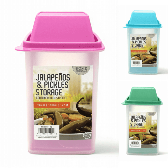 Pickle Container with Strainer, Cucumber Jalapeno Olive Keeper with Strainer for Mess-Free Storage of Condiment Food, 40.6 oz Size (Pink)