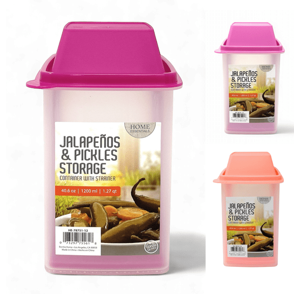 Pickle Container with Strainer, Cucumber Jalapeno Olive Keeper with Strainer for Mess-Free Storage of Condiment Food, 40.6 oz Size (Pink)