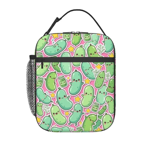 Pickle Insulated Lunch Bag, Kawaii Pink Cartoon Sticker Pattern Lunch Box For Women Men, Portable Thermal Cooler Tote With Front Pocket For Work Office Travel