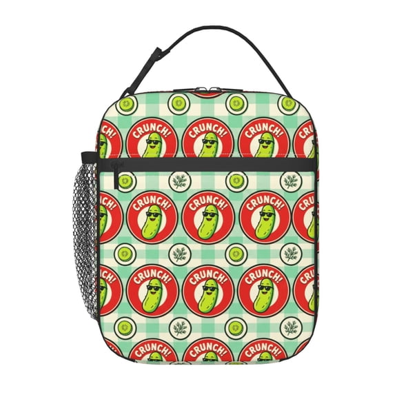 Pickle Insulated Lunch Box, Funny Retro Cartoon Badge Lunch Bag With Front Pocket, Stylish Oxford Cloth Cooler Tote For Work Commute And Travel