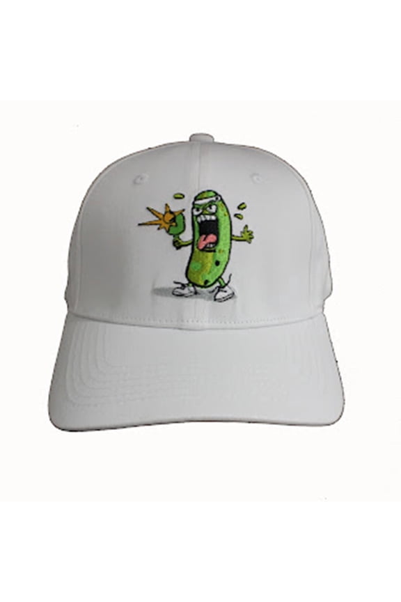 Baseball Hat - Adjustable Cap with Embroidered Pickle Monster Design (White Dill)