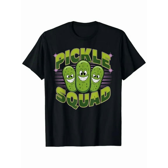 Pickle Squad Dill Team Graphic T-Shirt - Funny Pickle Character Design with Smiling Faces & Lettering, Lightweight Short Sleeve Round Neck Casual Tee for Pickleball, Sports