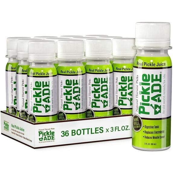PickleAde Real Pickle Juice Shots with Turmeric, 3oz 36 Pack Electrolyte Pickle Juice Sports Drink Kosher Pickle Shots Pickle Brine for Muscle and Leg Cramp Relief