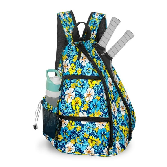 Pickleball Bag with Padded Back, Blue Flowers Multi-Compartment Paddle Backpack, Lightweight Nylon Sports Bag for Men & Women