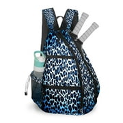 Pickleball Bag with Padded Back, Blue Leopard Print Multi-Compartment Paddle Backpack, Lightweight Nylon Sports Bag for Men & Women