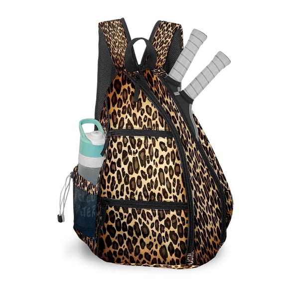 Pickleball Bag with Padded Back, Brown Leopard Print Multi-Compartment Paddle Backpack, Lightweight Nylon Sports Bag for Men & Women