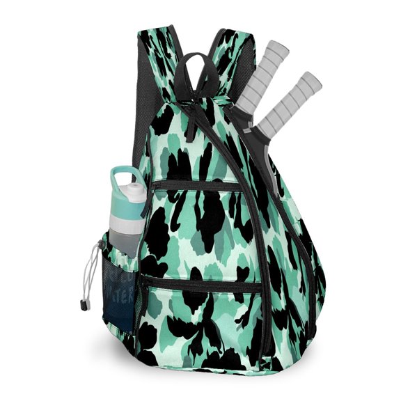 Pickleball Bag with Padded Back, Camouflage Black Green Multi-Compartment Paddle Backpack, Lightweight Nylon Sports Bag for Men & Women