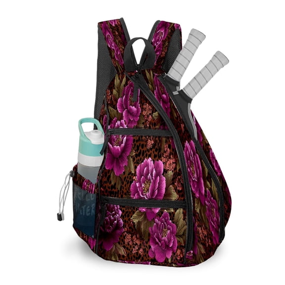 Pickleball Bag with Padded Back, Floral Leopard Purple Multi-Compartment Paddle Backpack, Lightweight Nylon Sports Bag for Men & Women