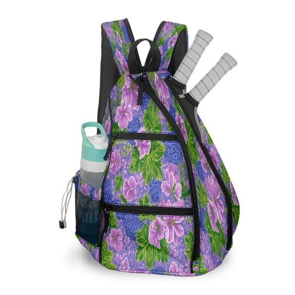 Pickleball Bag with Padded Back, Floral Purple Pink Multi-Compartment Paddle Backpack, Lightweight Nylon Sports Bag for Men & Women