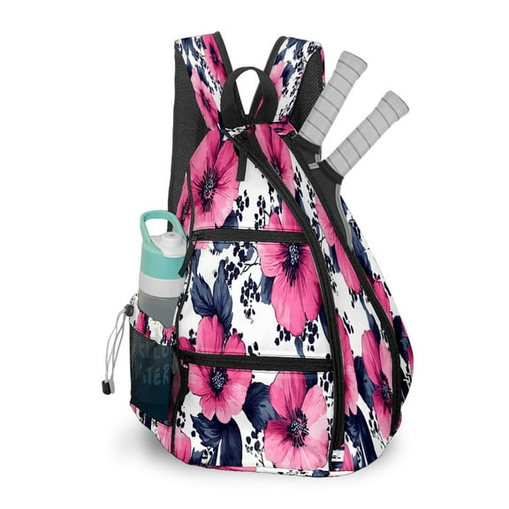 Pickleball Bag with Padded Back, Flower White Multi-Compartment Paddle Backpack, Lightweight Nylon Sports Bag for Men & Women