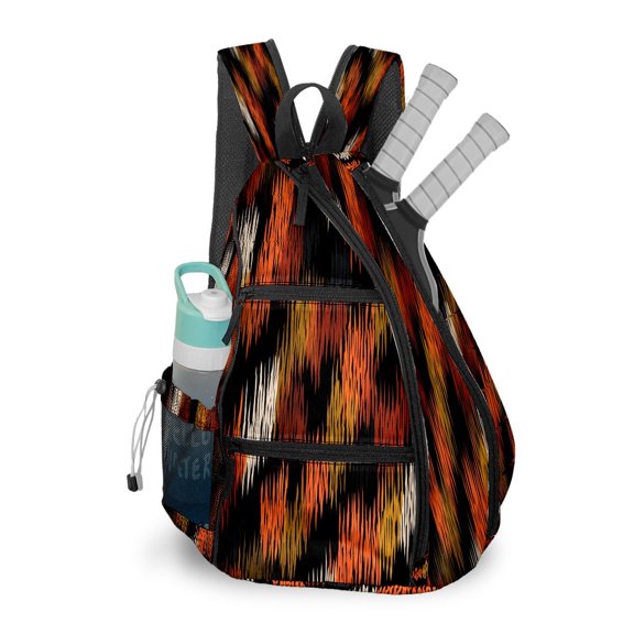 Pickleball Bag with Padded Back, Glitch Stripes BlackOrange Multi-Compartment Paddle Backpack, Lightweight Nylon Sports Bag for Men & Women