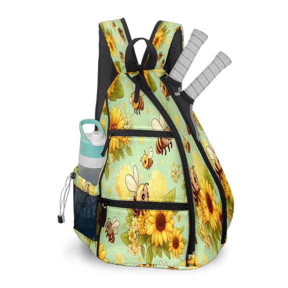 Pickleball Bag with Padded Back, LightGreen Sunflower Bee Multi-Compartment Paddle Backpack, Lightweight Nylon Sports Bag for Men & Women