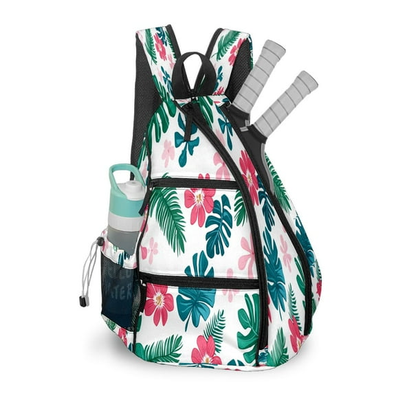 Pickleball Bag with Padded Back, Pink Tropical Flowers Multi-Compartment Paddle Backpack, Lightweight Nylon Sports Bag for Men & Women