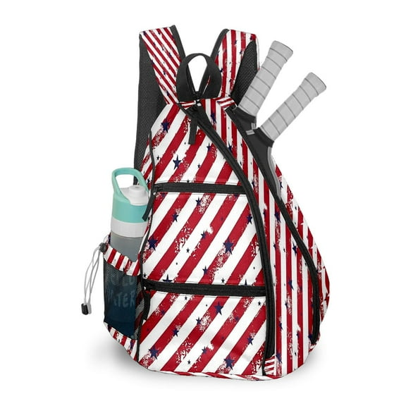 Pickleball Bag with Padded Back, Red Striped Star Multi-Compartment Paddle Backpack, Lightweight Nylon Sports Bag for Men & Women