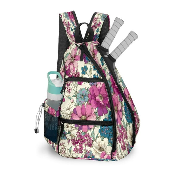 Pickleball Bag with Padded Back, Vintage Small Floral Pink Multi-Compartment Paddle Backpack, Lightweight Nylon Sports Bag for Men & Women