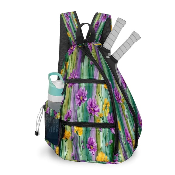 Pickleball Bag with Padded Back, Wildflowers Purple Multi-Compartment Paddle Backpack, Lightweight Nylon Sports Bag for Men & Women