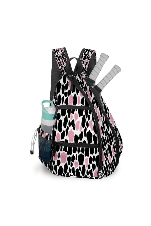 Pickleball Bags for Men Women Pickleball Backpack with Large Capacity Lightweight Adjustable Pickleball Sling Bag Hold Paddles, Balls, Accessories Cow Print Pink Black