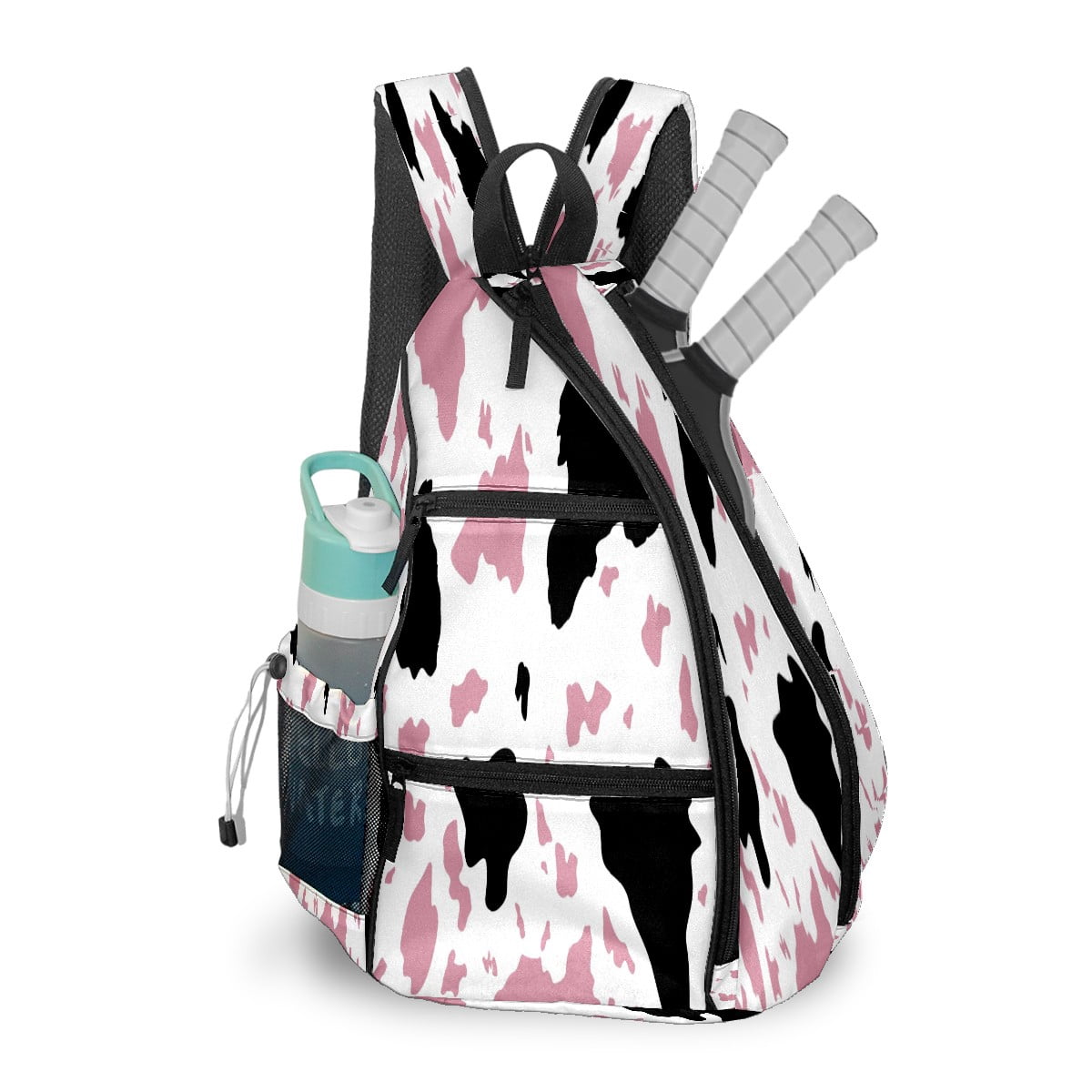 Pickleball Bags for Men Women Pickleball Backpack with Large Capacity Lightweight Adjustable Pickleball Sling Bag Hold Paddles, Balls, Accessories Funny Cow Print Pink Black