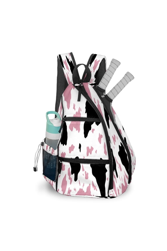 Pickleball Bags for Men Women Pickleball Backpack with Large Capacity Lightweight Adjustable Pickleball Sling Bag Hold Paddles, Balls, Accessories Funny Cow Print Pink Black