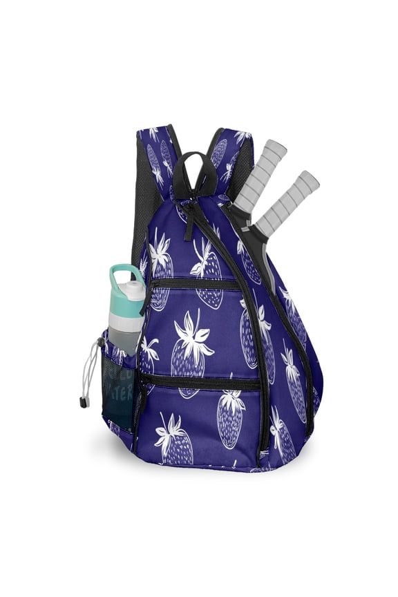 Pickleball Bags for Men Women Pickleball Backpack with Large Capacity Lightweight Adjustable Pickleball Sling Bag Hold Paddles, Balls, Accessories Purple Strawberry Pattern