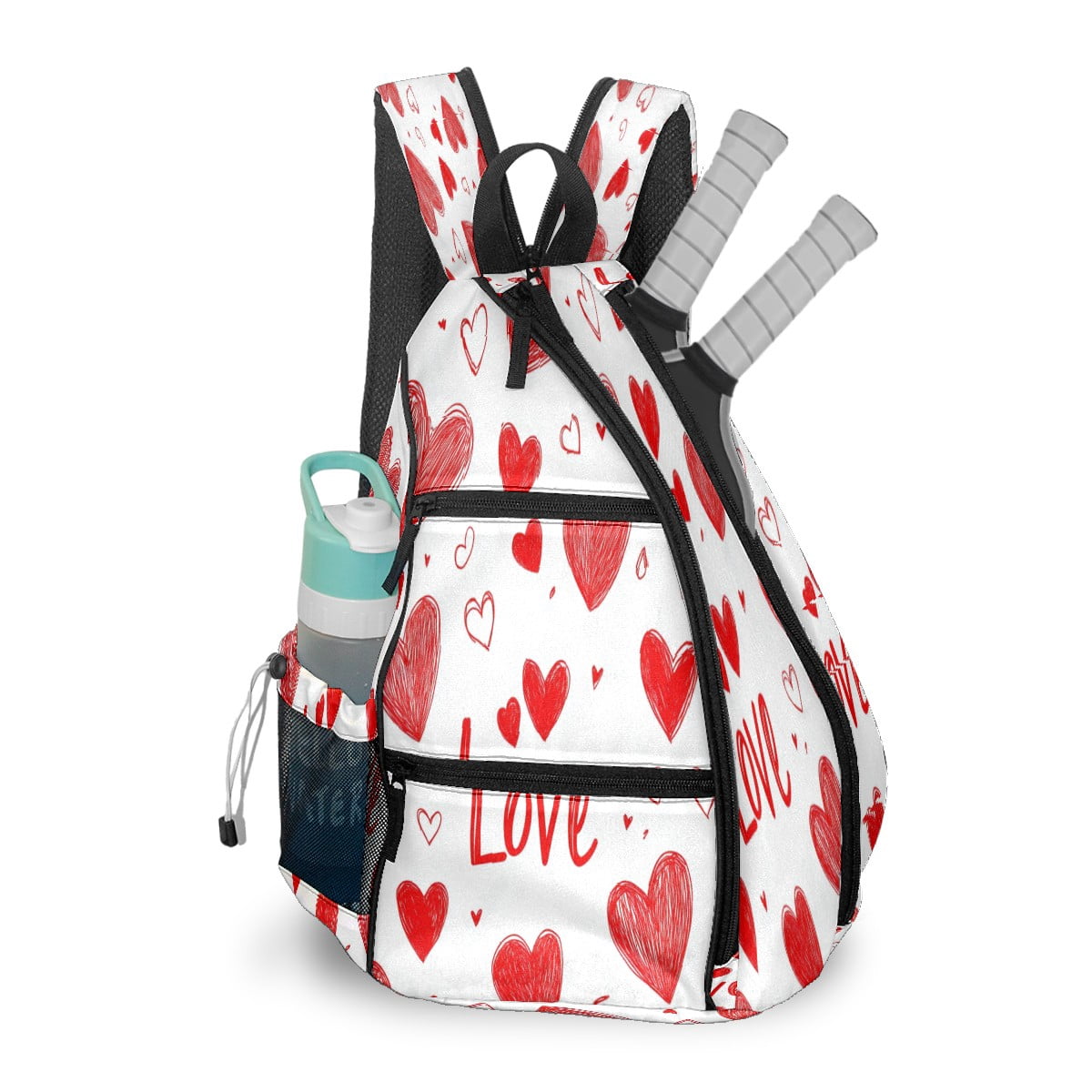 Pickleball Bags for Men Women Pickleball Backpack with Large Capacity Lightweight Adjustable Pickleball Sling Bag Hold Paddles, Balls, Accessories Red Love Heart Pattern