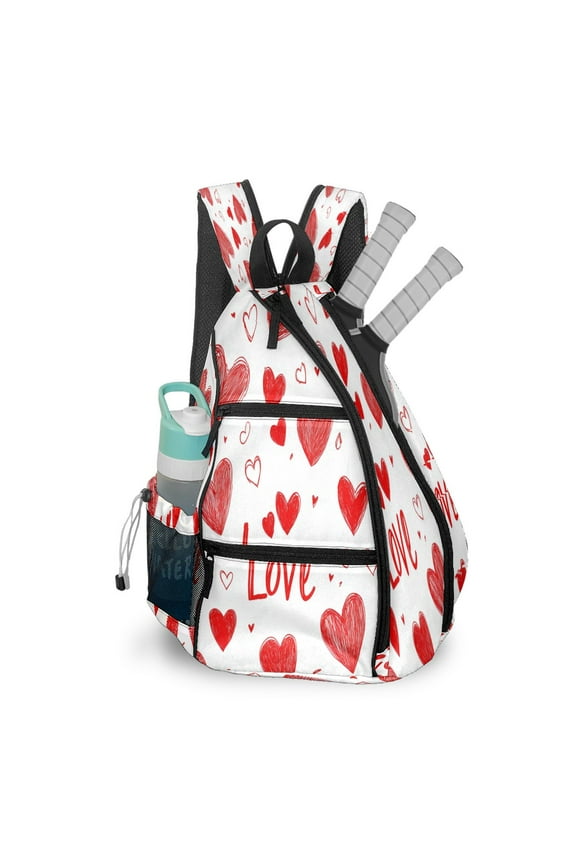 Pickleball Bags for Men Women Pickleball Backpack with Large Capacity Lightweight Adjustable Pickleball Sling Bag Hold Paddles, Balls, Accessories Red Love Heart Pattern