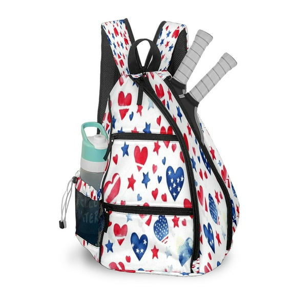 Pickleball Bags for Men Women Pickleball Backpack with Large Capacity Lightweight Adjustable Pickleball Sling Bag Hold Paddles, Balls, Accessories Red, White And Blue Heart And Star Pattern