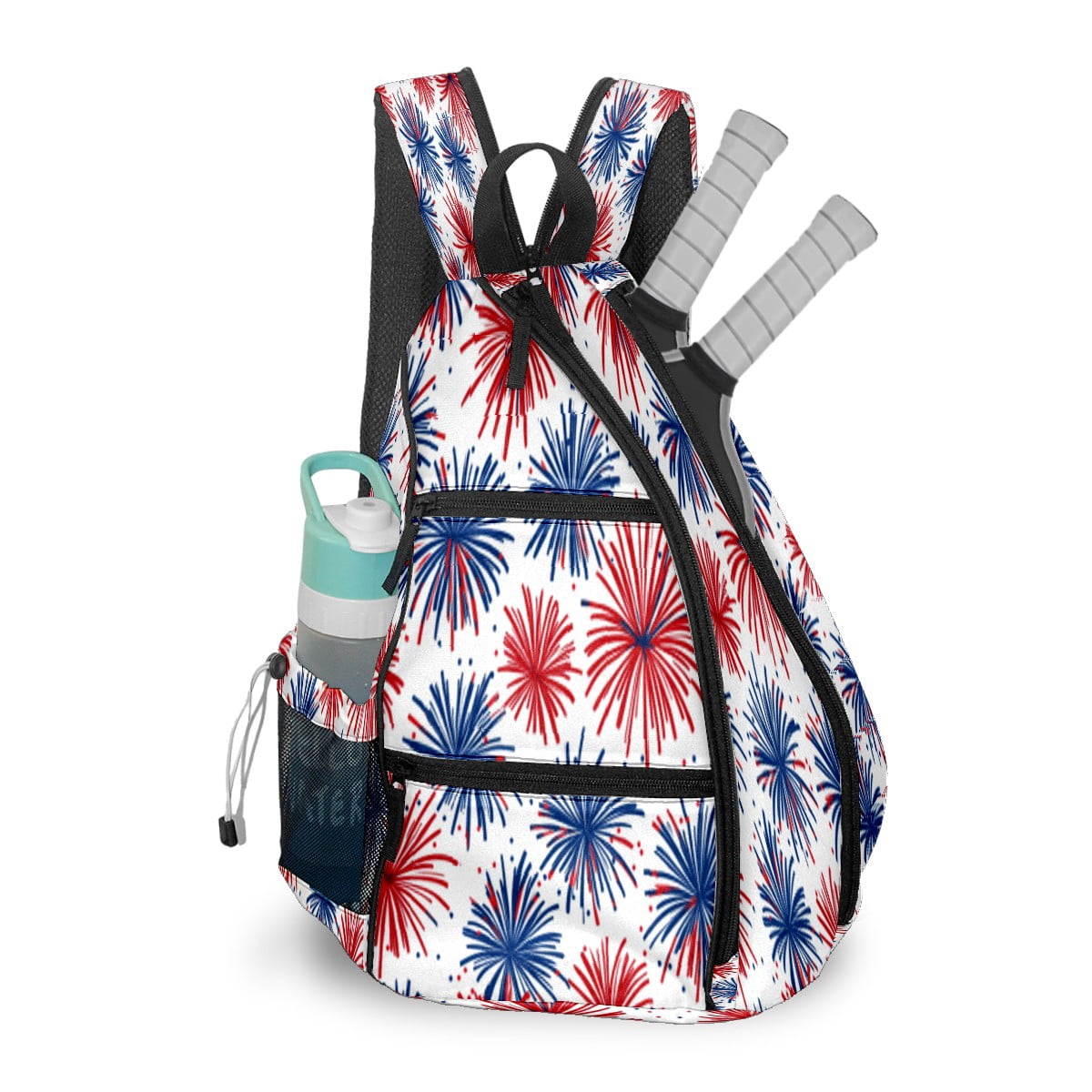 Pickleball Bags for Men Women Pickleball Backpack with Large Capacity Lightweight Adjustable Pickleball Sling Bag Hold Paddles, Balls, Accessories Red, White And Blue Firework Pattern