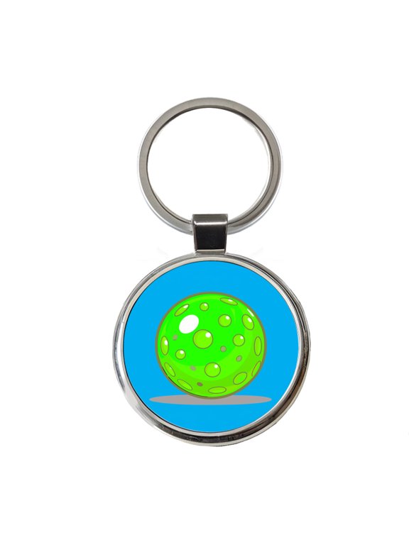 Pickleball Ball Green Metal Round Keychain