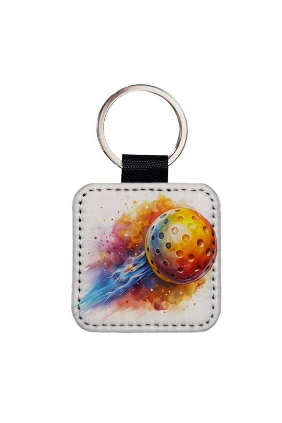 Pickleball Ball Rocketing Through The Air Watercolor Faux Leather Square Keychain