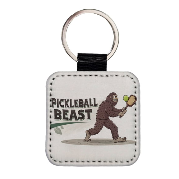 Pickleball Beast Funny Bigfoot Holding Paddle Faux Leather Square Keychain