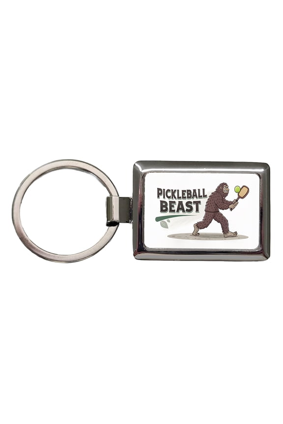 Pickleball Beast Funny Bigfoot Holding Paddle Metal Rectangle Keychain