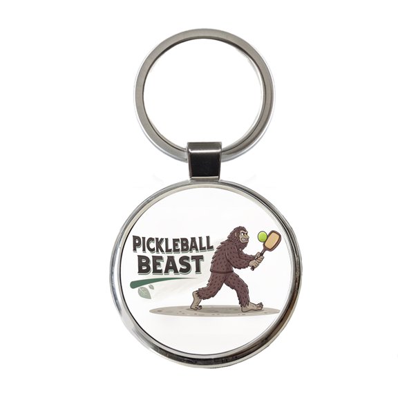 Pickleball Beast Funny Bigfoot Holding Paddle Metal Round Keychain