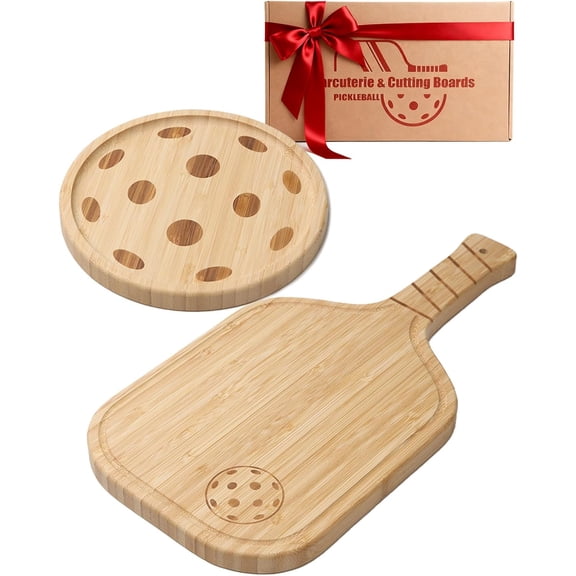 Pickleball Charcuterie Board Set  Bamboo Cheese & Cutting Board | 17" Paddle Board with Handle + 8.5 Round Plate  Perfect Gifts for Pickleball Fans & Club Gatherings