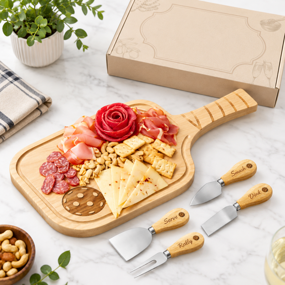Pickleball Charcuterie Board Set, Birch Wood Paddle Shaped Serving Platter with 4 Engraved Cheese Pieces