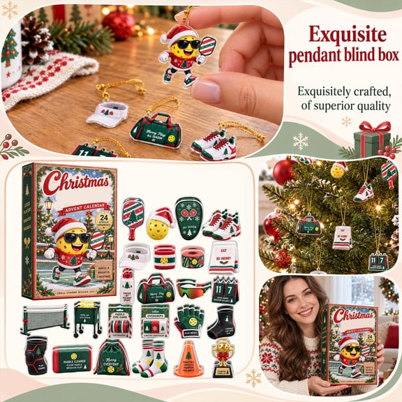 Pickleball Christmas Advent Calendar with Flat Acrylic Ornaments, 24-Pack, Sports Themed, for Pickleball Players and Fans, Tree Decorations