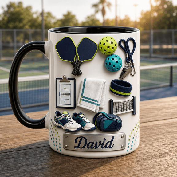 Pickleball Coach Mug with Custom Name, Paddle Ball Whistle Father’s Day Gift