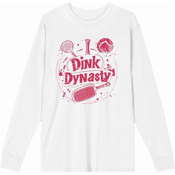 Pickleball Dink Dynasty Adult White Crew Neck Long Sleeve Tee-Medium
