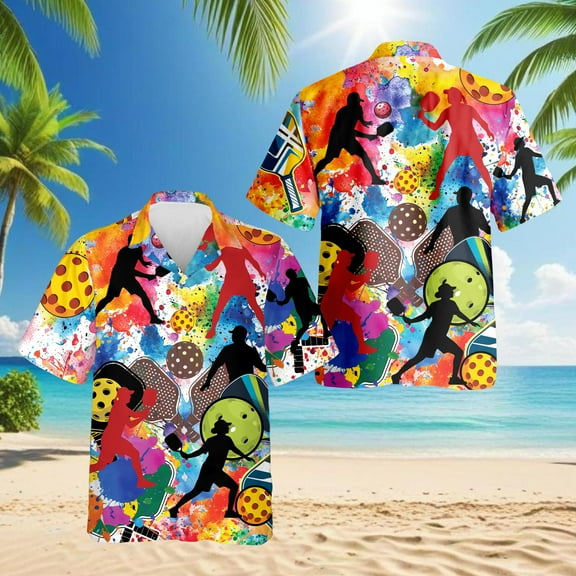 Pickleball Hawaiian Shirt for Men, Button Down Summer Beach Short Sleeve, S-5XL