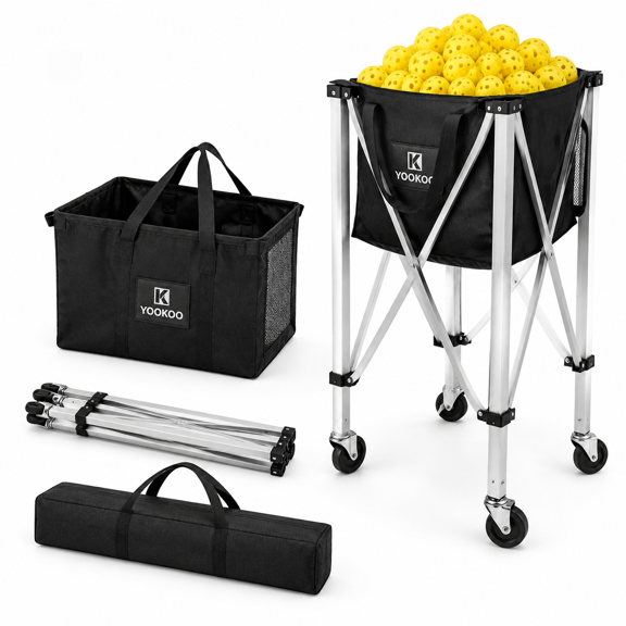 Pickleball Hopper Basket with Removable Bag, Holds 100 Balls, Sturdy Aluminum Frame with Wheels