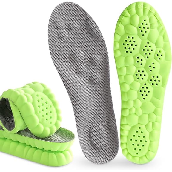 Pickleball Insoles, 4D Memory Foam Arch Support Inserts, Shock Absorbing, Anti-Slip Massage Support, Breathable Comfort for Walking & Sports(Green, Men 8-9/Women 9.5-10)