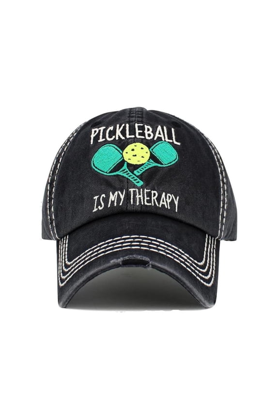 Pickleball Is My Therapy Distressed Cap Unconstructed Embroidered Black Hat