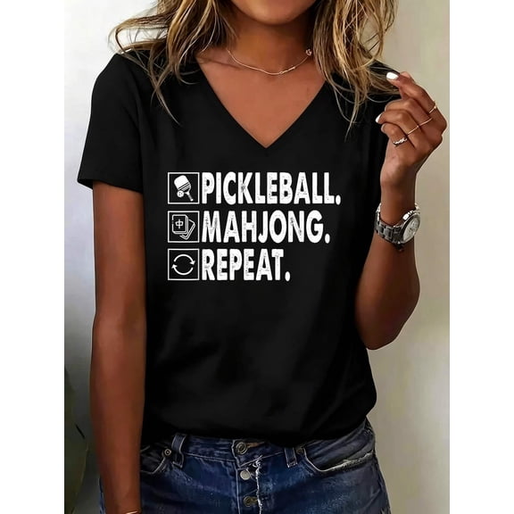 Pickleball Mahjong Repeat Funny Game Lover Quote V Neck T-Shirt Cotton Women's V Neck Graphic Tee, Casual Short Sleeve Shirt,Vacation Outfit