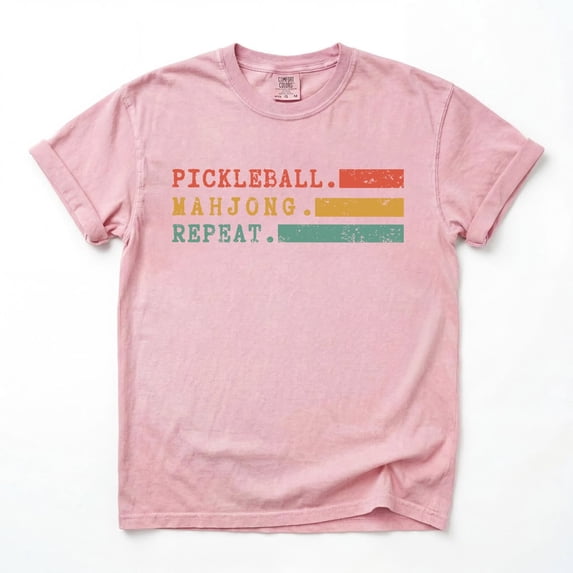 Pickleball Mahjong Repeat Graphic T-Shirt, Retro Funny Tee, Unisex Gift for Pickleball and Mahjong Lovers