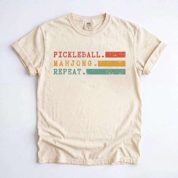 Pickleball Mahjong Repeat Graphic T-Shirt, Retro Funny Tee, Unisex Gift for Pickleball and Mahjong Lovers