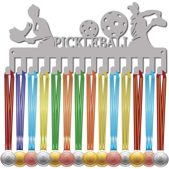 Pickleball Medal Hanger Display Medals Holder Rack Black Metal Iron Small Shelf Hanger Organizer Medal Stand Frame Wall Mounted with 20 Hooks for Award Ribbon Silvery diy Word 11.4x5Inch